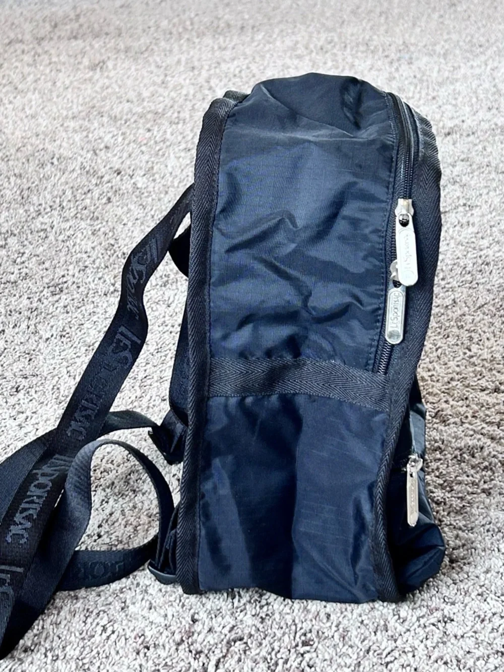 Lesportsac Route Black Nylon Mini Backpack with Front Zip Pocket 9” x 6” 10”